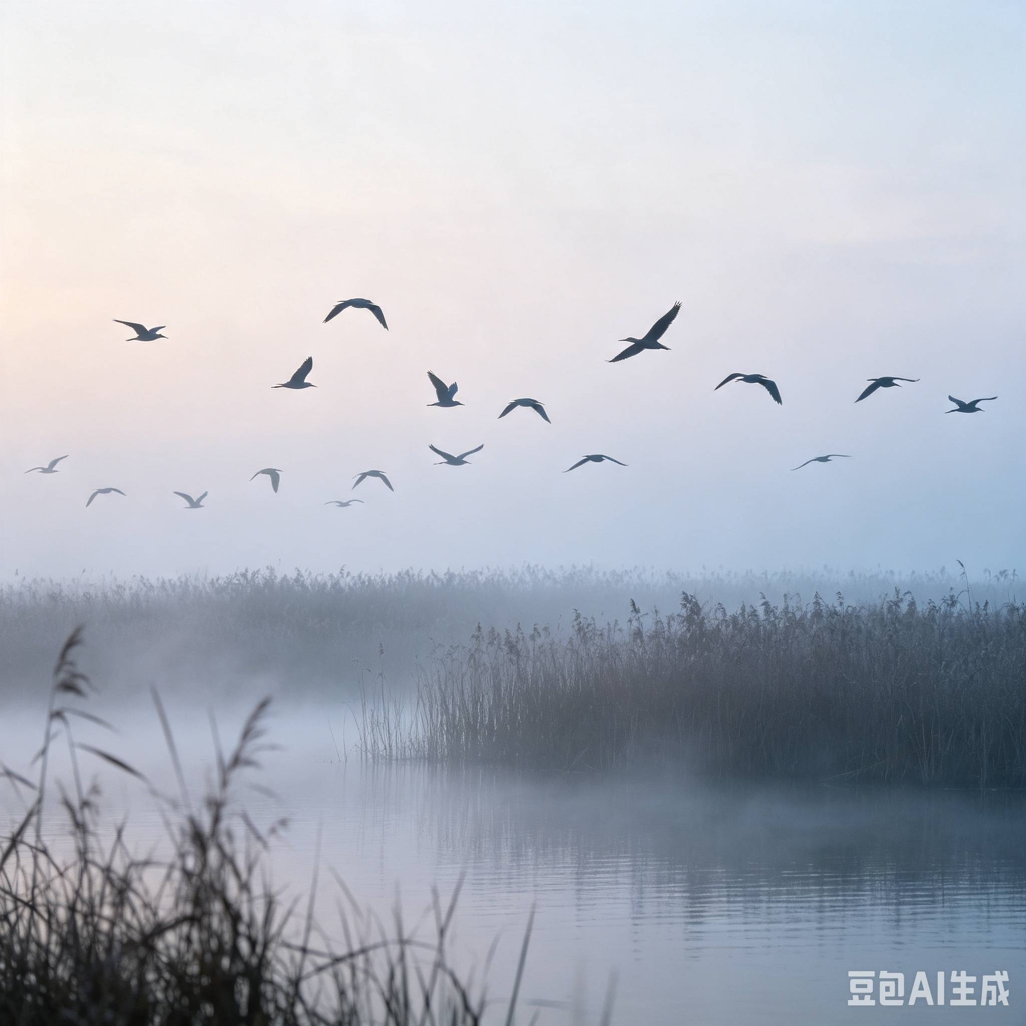 海鸟低飞掠过水面